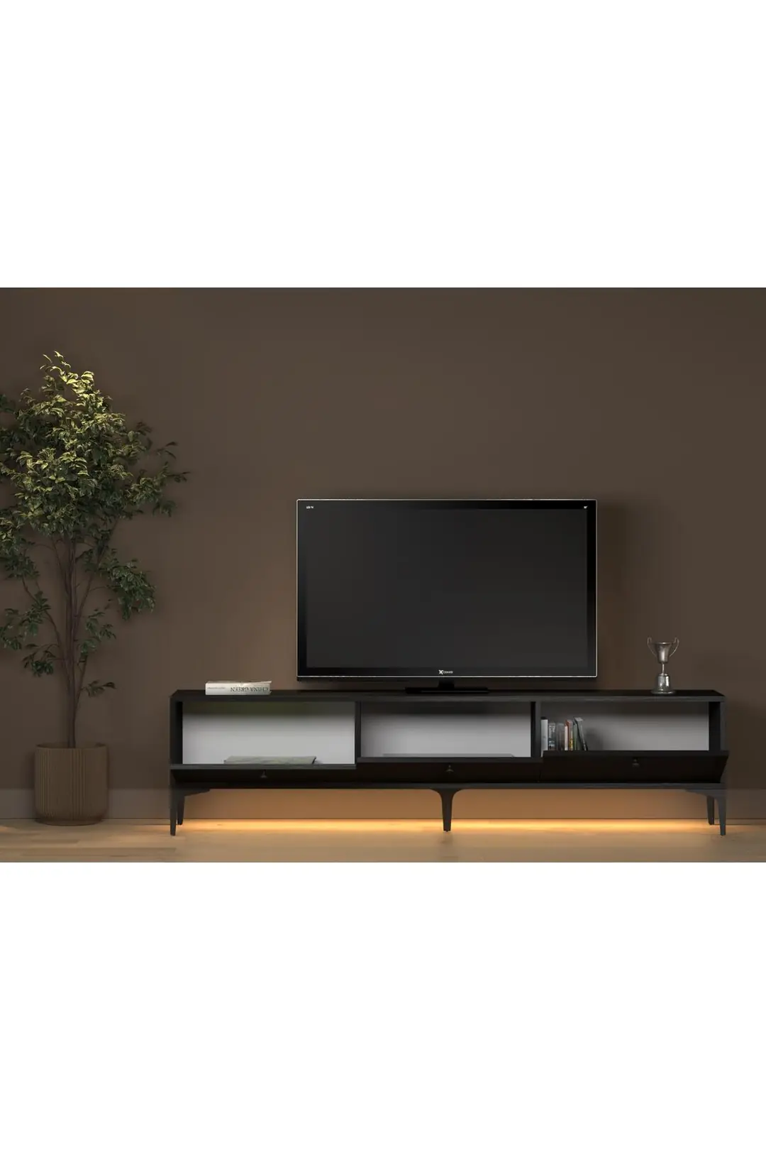 Venüs Led Işıklı Dolaplı Minifiksli 180 Cm Geniş Tv Ünitesi - Tv Sehpası - Wood Siyah